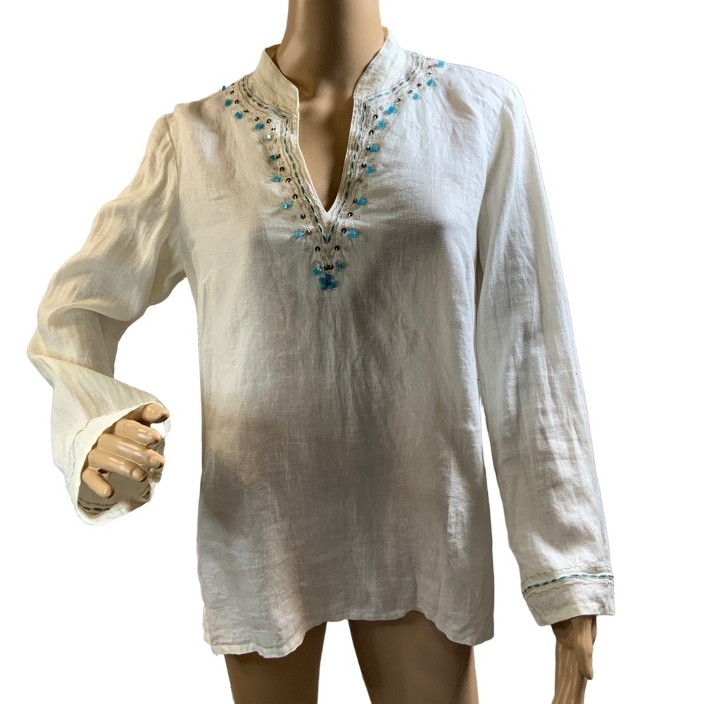 Rafaella White Long Sleeve Embroidered Tunic Shirt 100% Linen 6 Coastal Cowgirl